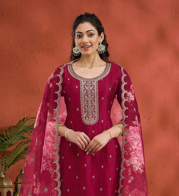 Lovely Red Color Vichitra Fabric Designer Suit