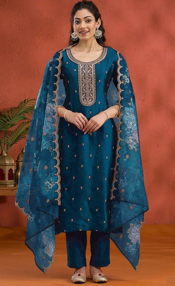 Lovely Teal Color Vichitra Fabric Designer Suit