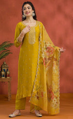 Lovely Yellow Color Vichitra Fabric Designer Suit