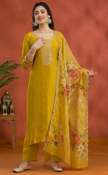 Lovely Yellow Color Vichitra Fabric Designer Suit
