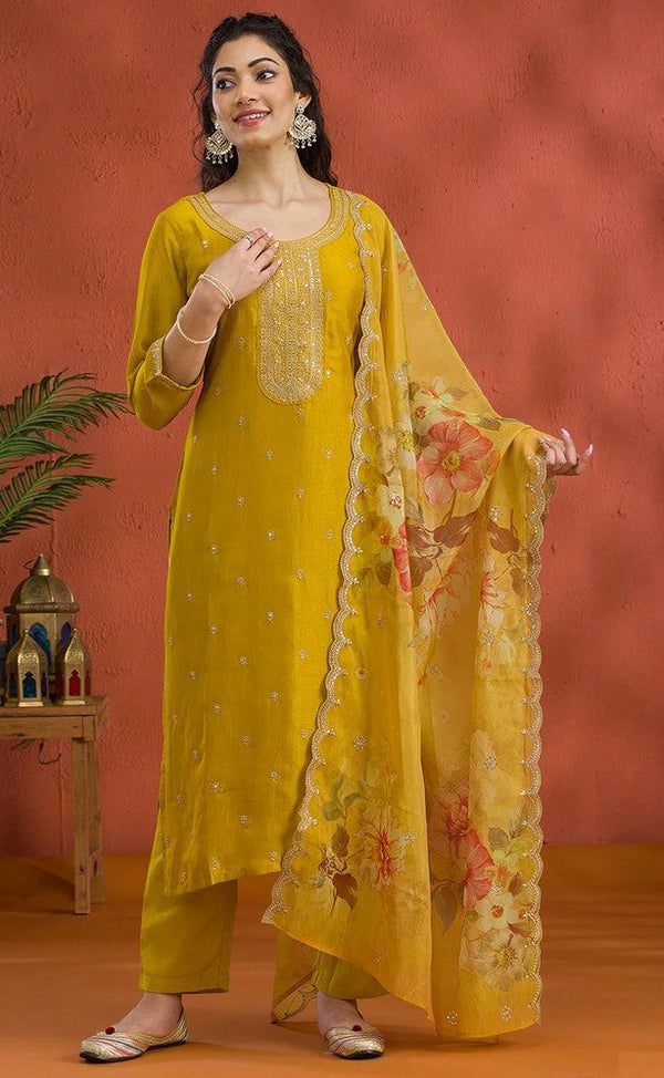 Lovely Yellow Color Vichitra Fabric Designer Suit