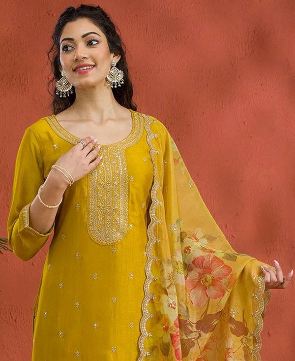 Lovely Yellow Color Vichitra Fabric Designer Suit