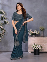 Superb Teal Color Georgette Fabric Designer Saree