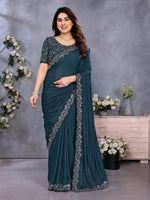 Superb Teal Color Georgette Fabric Designer Saree