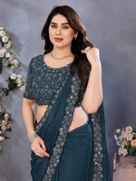 Superb Teal Color Georgette Fabric Designer Saree