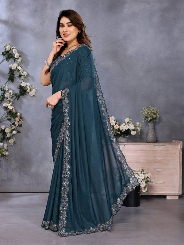 Superb Teal Color Georgette Fabric Designer Saree