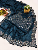 Superb Teal Color Georgette Fabric Designer Saree