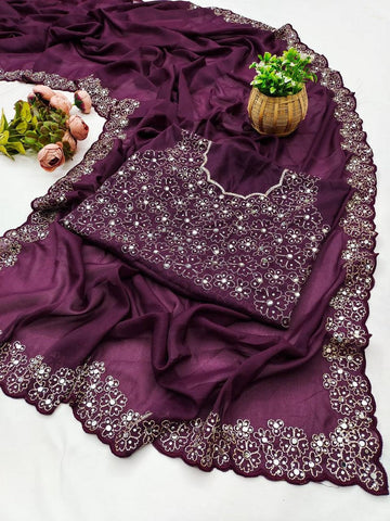Superb Wine Color Georgette Fabric Designer Saree