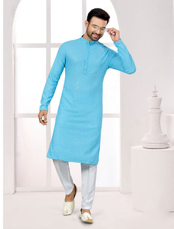 Amazing Aqua Color Rayon Fabric Kurta Pajama