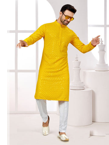 Amazing Yellow Color Rayon Fabric Kurta Pajama