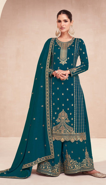 Superb Teal Color Silk Fabric Plazzo Suit
