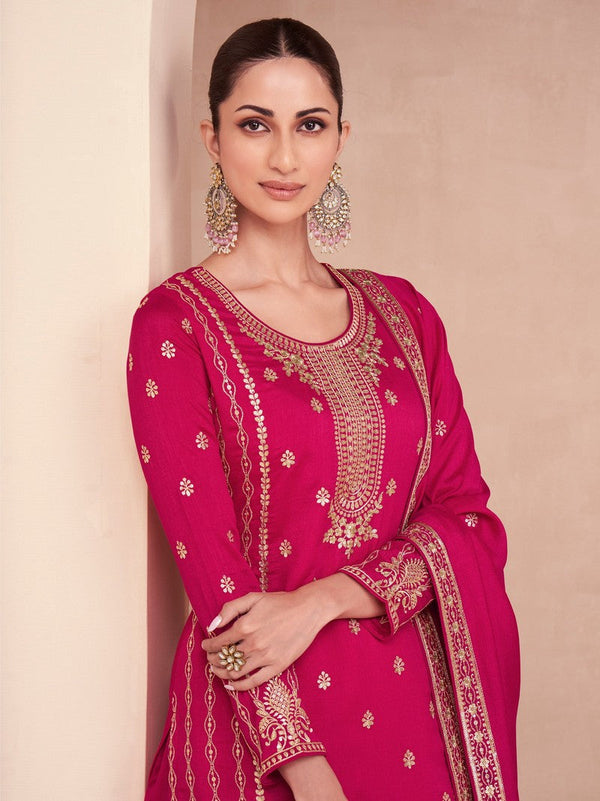 Superb Pink Color Silk Fabric Plazzo Suit