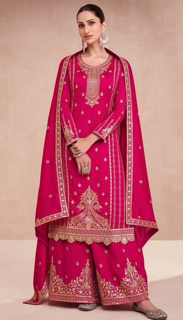 Superb Pink Color Silk Fabric Plazzo Suit