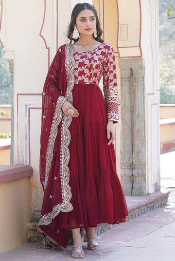 Striking Maroon Color Viscose Fabric Gown