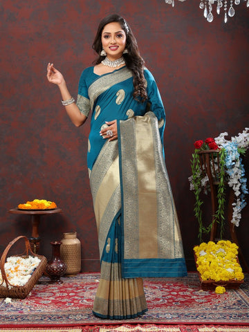 Lovely Teal Color Silk Fabric Partywear Saree