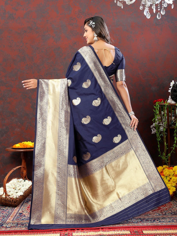 Lovely Navy Blue Color Silk Fabric Partywear Saree
