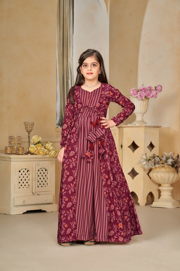 Pretty Maroon Color Muslin Fabric Girl Gown
