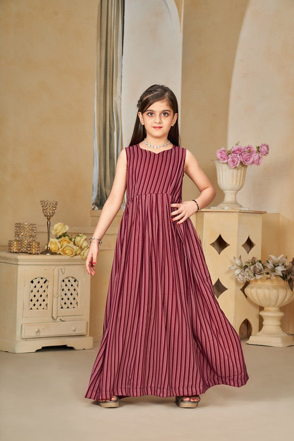 Pretty Maroon Color Muslin Fabric Girl Gown
