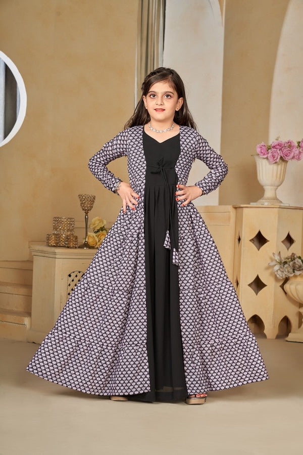 Pretty Black Color Muslin Fabric Girl Gown