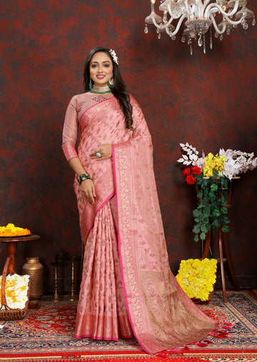 Lovely Pink Color Silk Fabric Partywear Saree