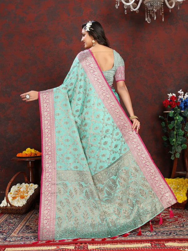 Lovely Aqua Color Silk Fabric Partywear Saree