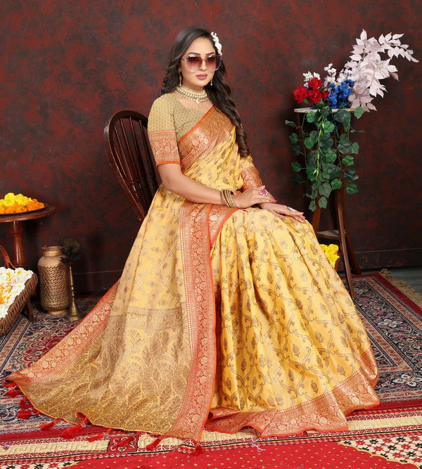 Lovely Yellow Color Silk Fabric Partywear Saree