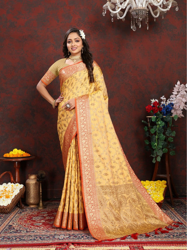 Lovely Yellow Color Silk Fabric Partywear Saree