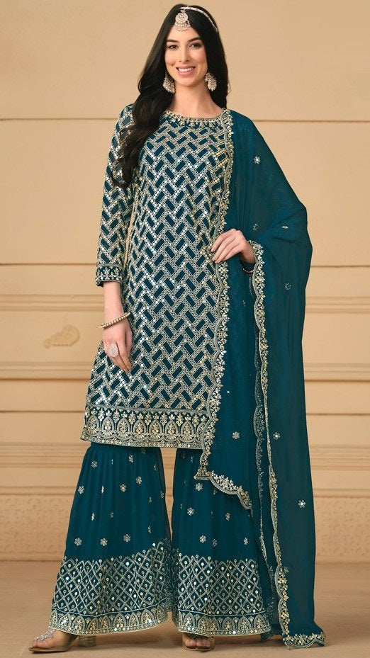 Angelic Teal  Color Georgette Fabric Sharara Suit