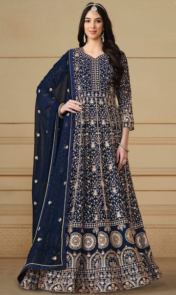 Angelic Navy Blue Color Georgette Fabric Partywear Suit