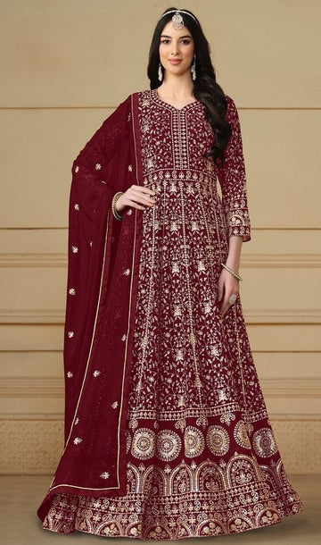 Angelic Maroon Color Georgette Fabric Partywear Suit