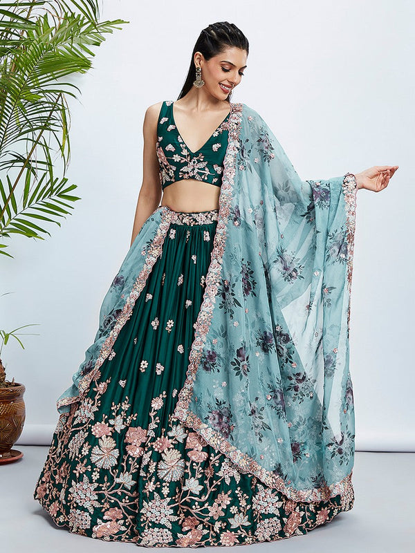 Beautiful Green Color Georgette Fabric Party Wear Lehenga