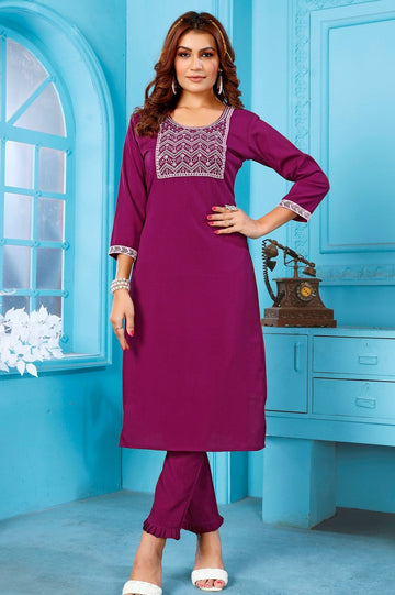 Lovely Wine Color Rayon Fabric Kurti With Bottom