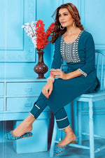 Lovely Teal Color Rayon Fabric Kurti With Bottom