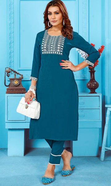 Lovely Teal Color Rayon Fabric Kurti With Bottom