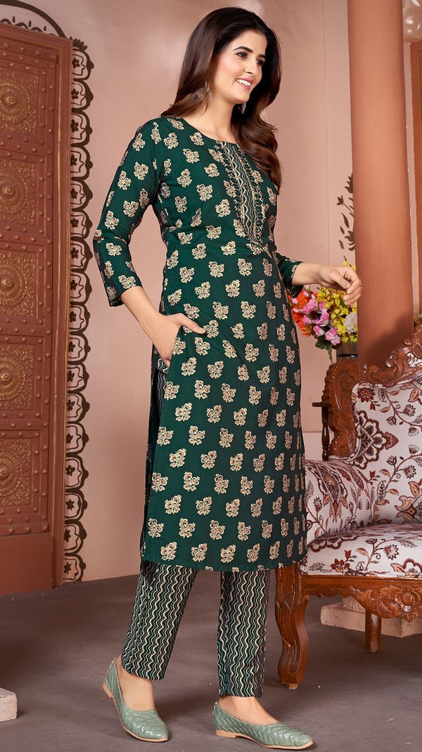 Dazzling Green Color Rayon Fabric Kurti With Bottom