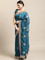 Ideal Turquoise Color Silk Fabric Partywear Saree