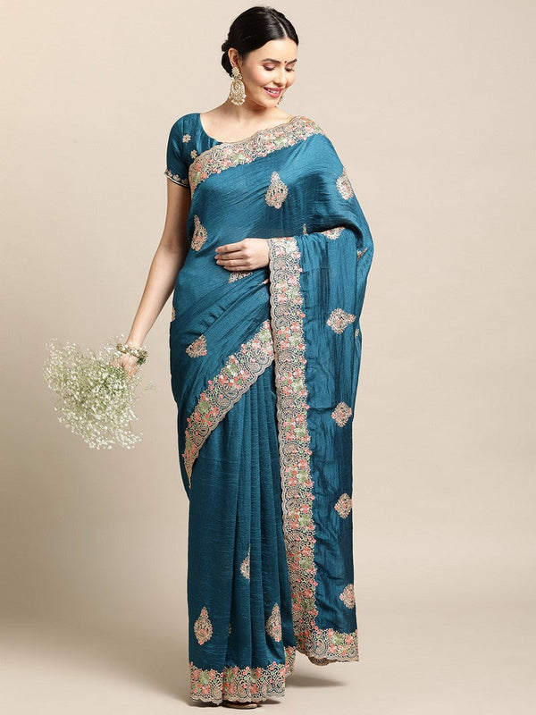 Ideal Turquoise Color Silk Fabric Partywear Saree