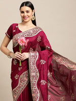 Ideal Maroon Color Silk Fabric Partywear Saree