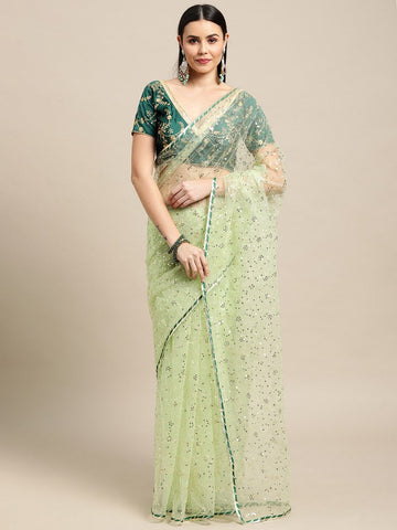 Ideal Green Color Net Fabric Partywear Saree