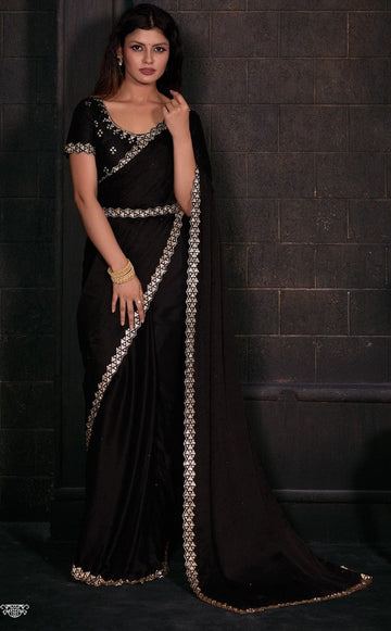 Amazing Black Color Satin Fabric Partywear Saree