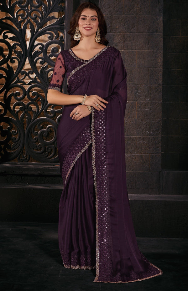 Ideal Voilet Color Chiffon Fabric Partywear Saree