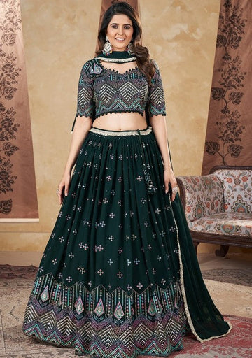 Beautiful Green Color Georgette Fabric Party Wear Lehenga