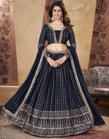 Beautiful Navy Blue Color Georgette Fabric Party Wear Lehenga