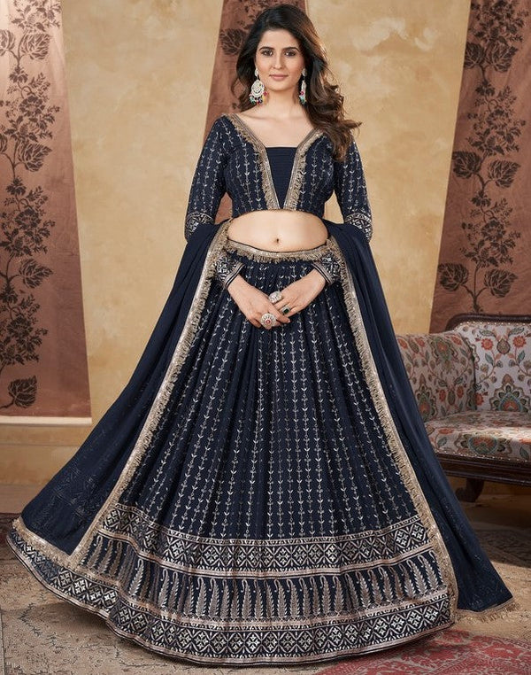 Beautiful Navy Blue Color Georgette Fabric Party Wear Lehenga