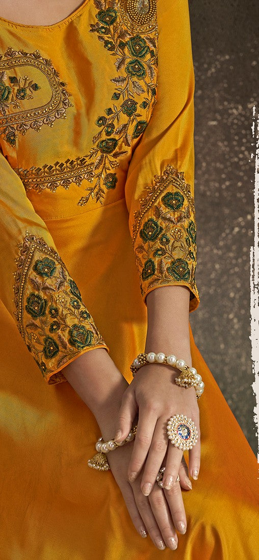 Pretty Yellow Color Silk Fabric Gown