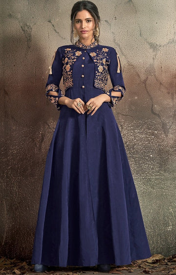 Pretty Navy Blue Color Silk Fabric Gown