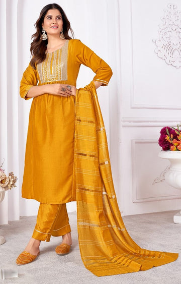 Lovely Yellow Color Silk Fabric Kurti With Bottom and Dupatta