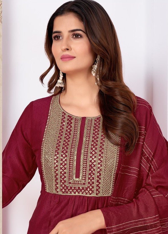 Lovely Maroon Color Silk Fabric Kurti With Bottom and Dupatta