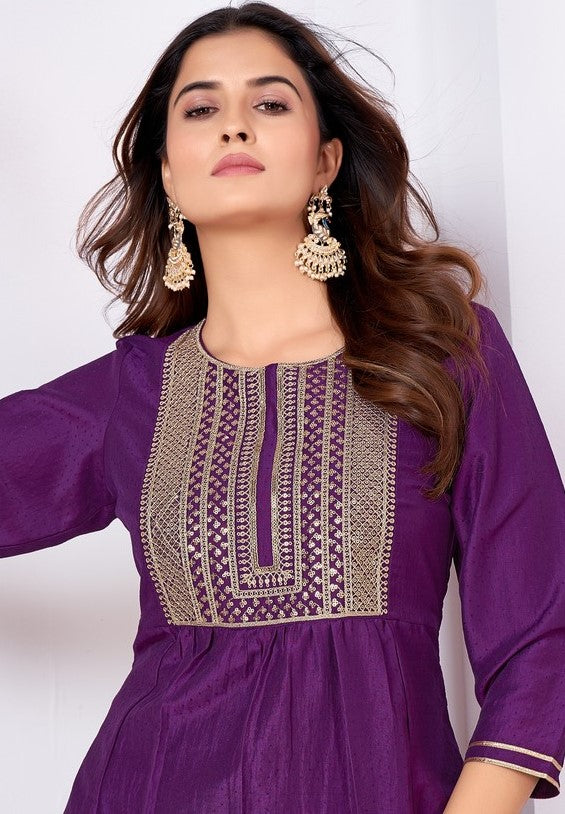 Lovely Purple Color Silk Fabric Kurti With Bottom and Dupatta