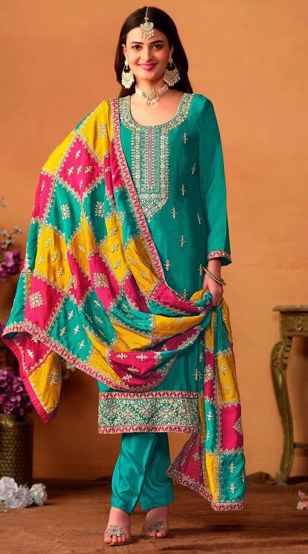 Tasteful Turquoise Color Chinon Fabric Partywear Suit